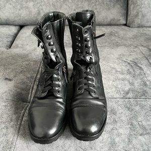 CHANEL Black Leather Combat Boots Size 39.5